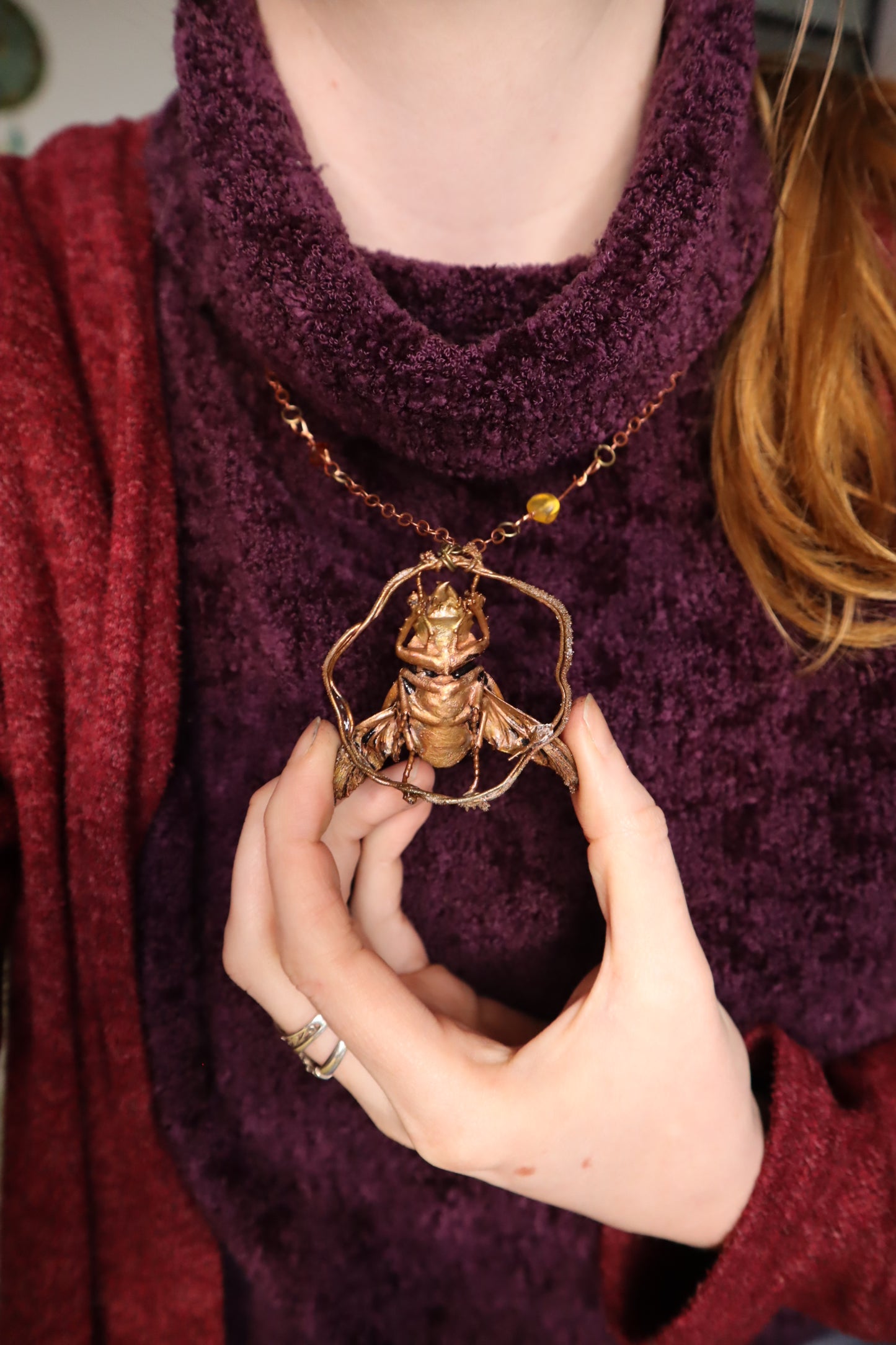 Copper electroformed stag beetle pendant and Baltic amber chain