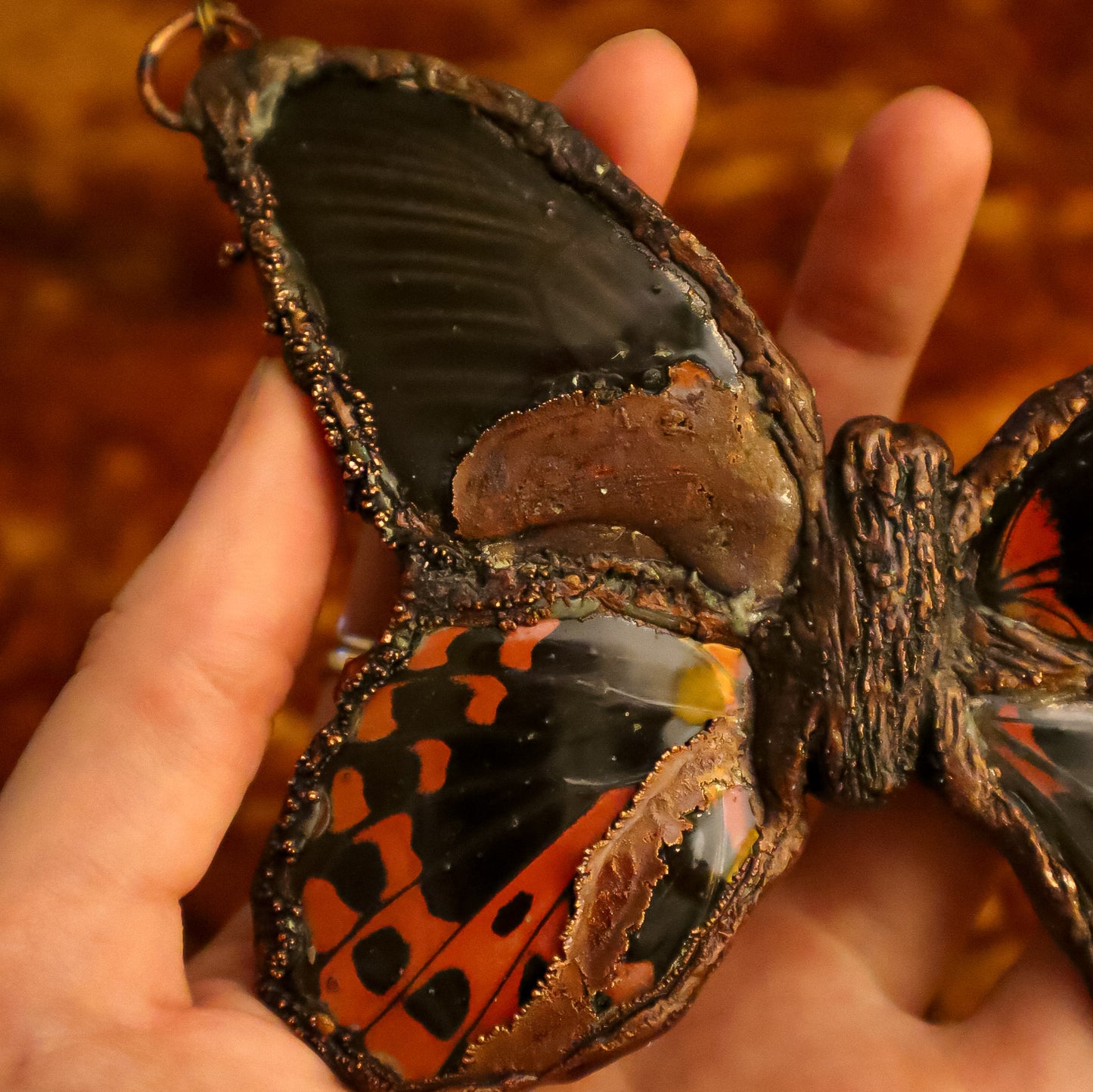 Copper Electroformed Red Mormon butterfly necklace pendant with resin wings