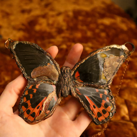 Copper Electroformed Red Mormon butterfly necklace pendant with resin wings