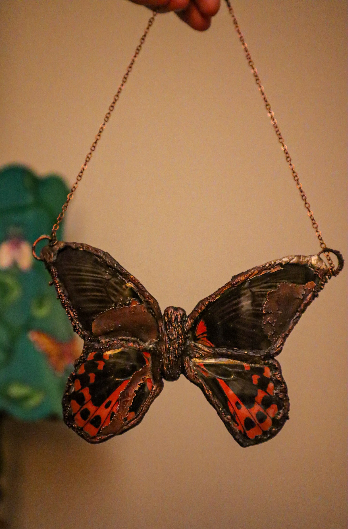 Copper Electroformed Red Mormon butterfly necklace pendant with resin wings