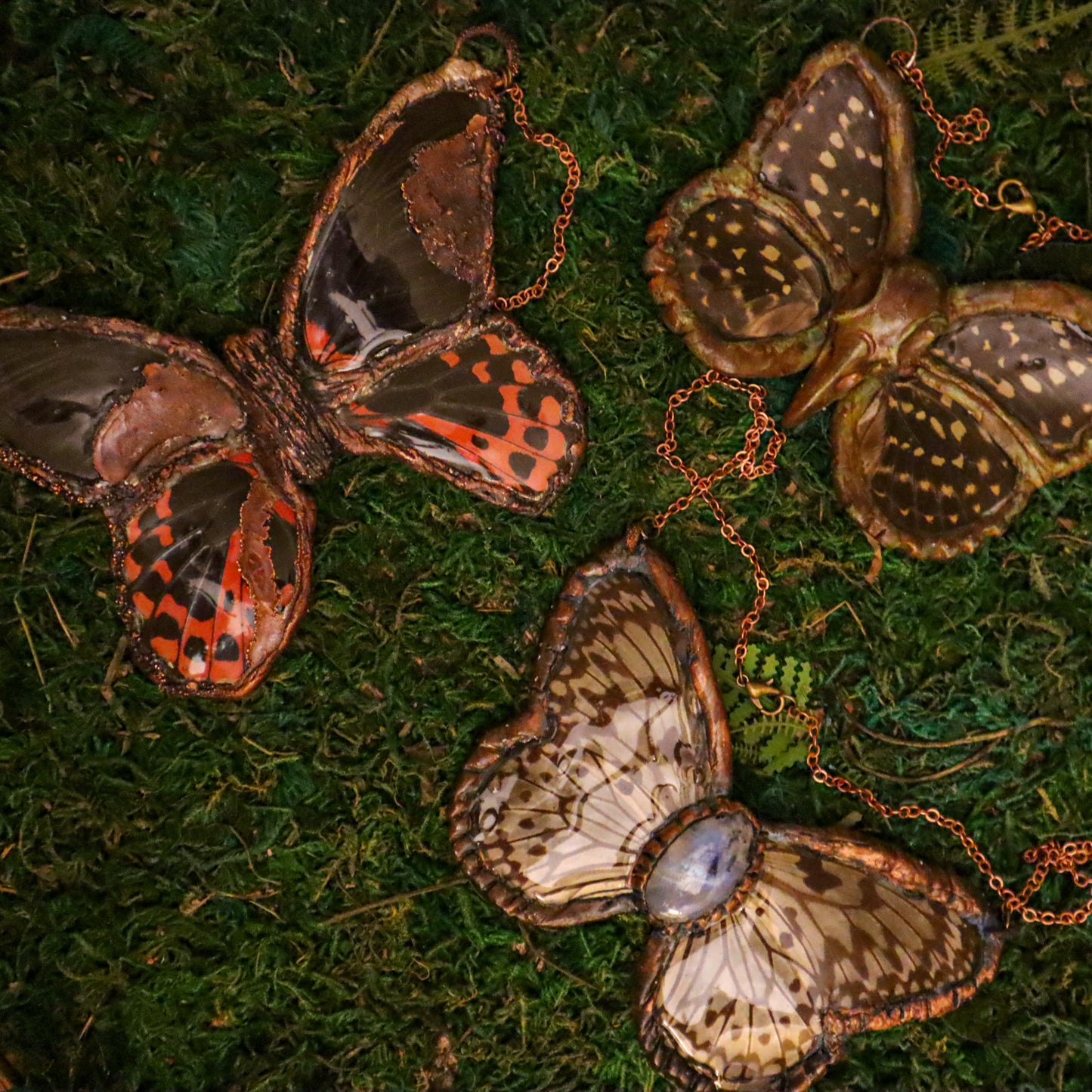 Copper Electroformed Red Mormon butterfly necklace pendant with resin wings