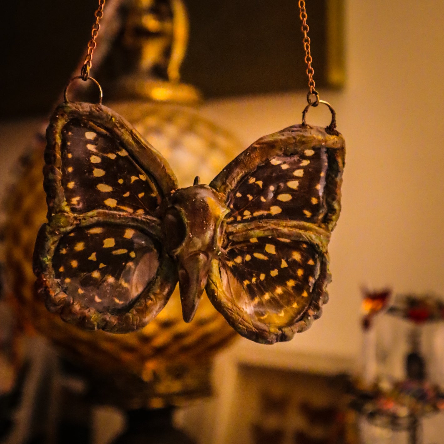 Copper Electroformed Owl-inspired butterfly pendant necklace with bird skull Lexius pardalis