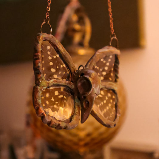 Copper Electroformed Owl-inspired butterfly pendant necklace with bird skull Lexius pardalis