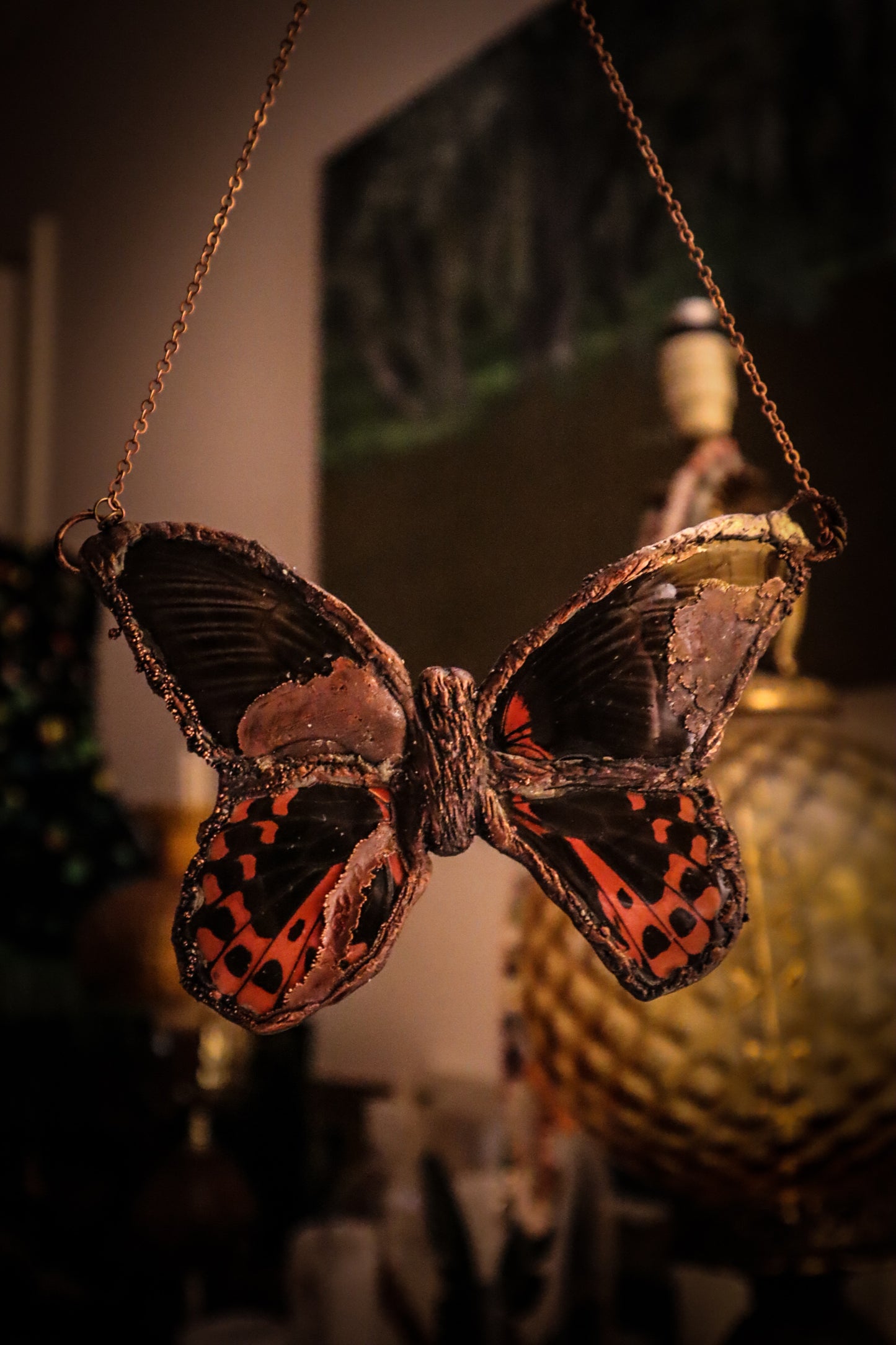 Copper Electroformed Red Mormon butterfly necklace pendant with resin wings