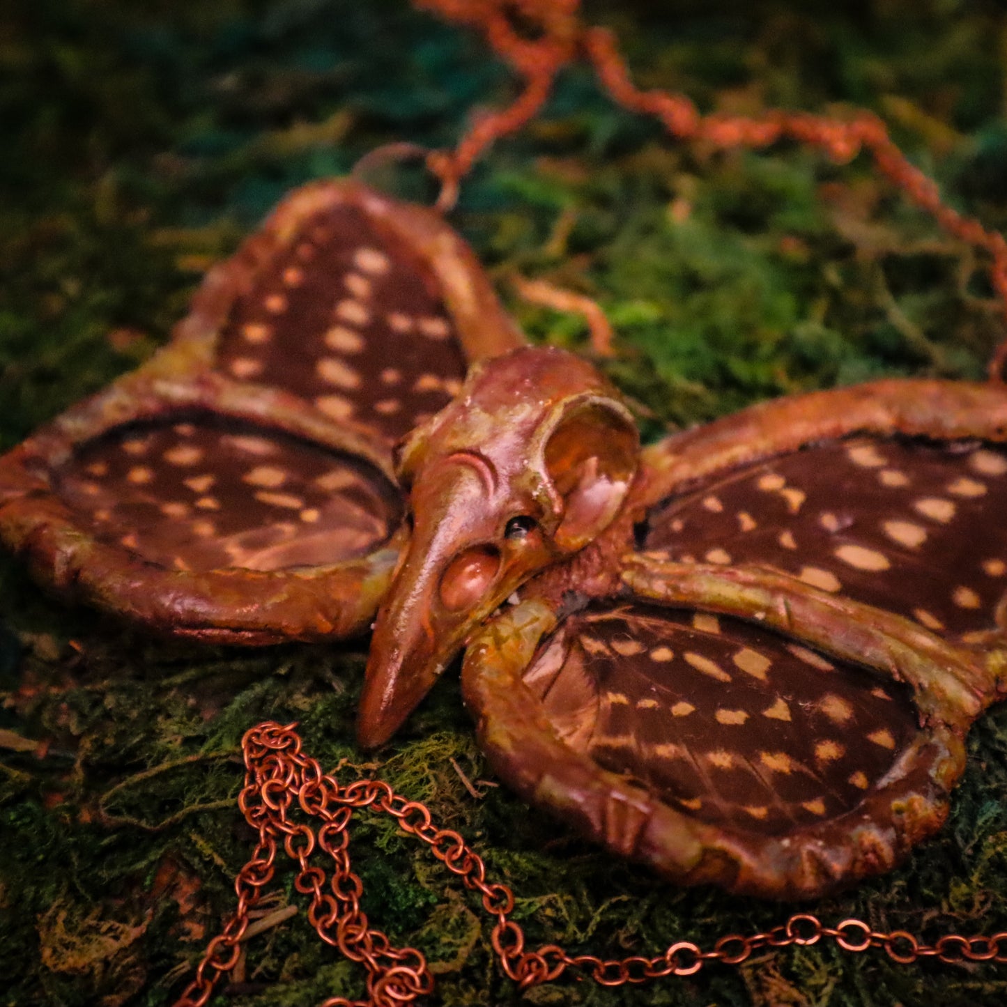 Copper Electroformed Owl-inspired butterfly pendant necklace with bird skull Lexius pardalis