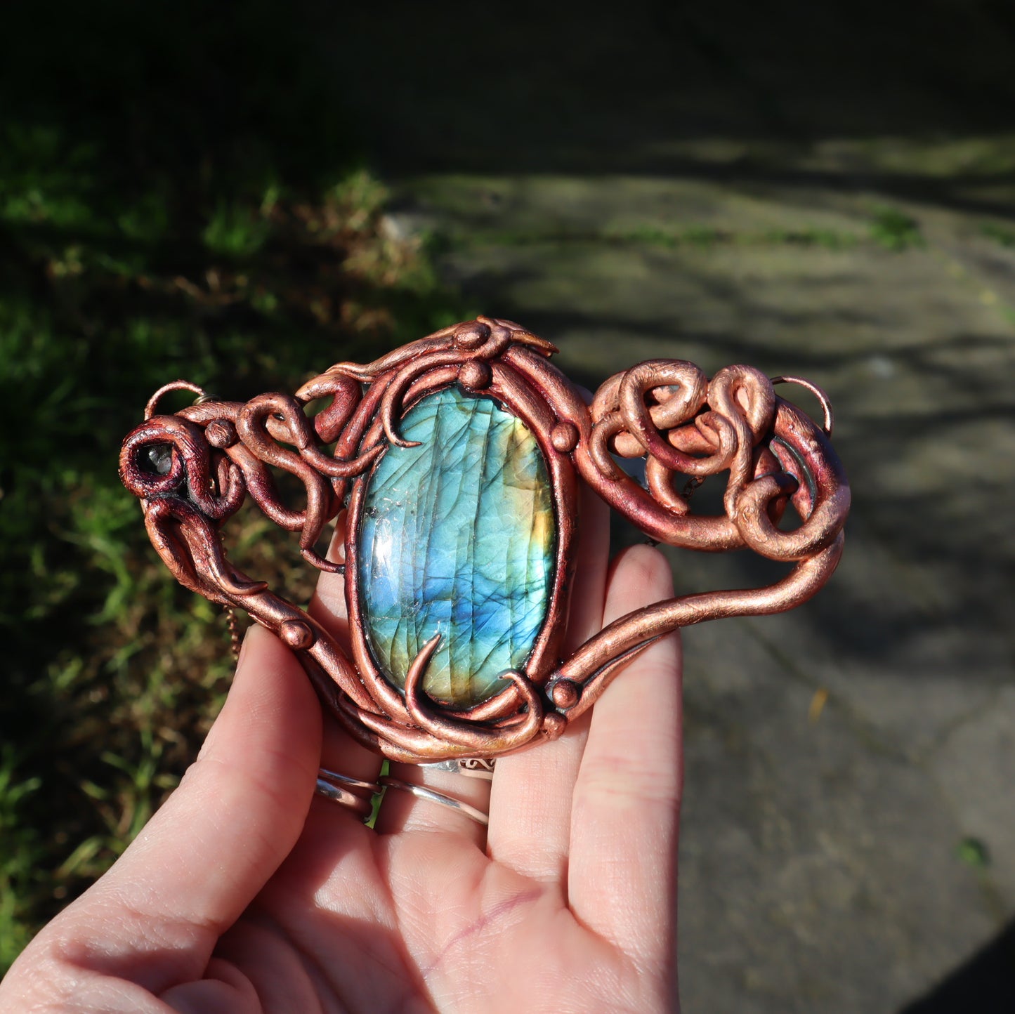 Copper Electroformed Labradorite pendant necklace, freeform Elven jewellery for forest witches or goblins