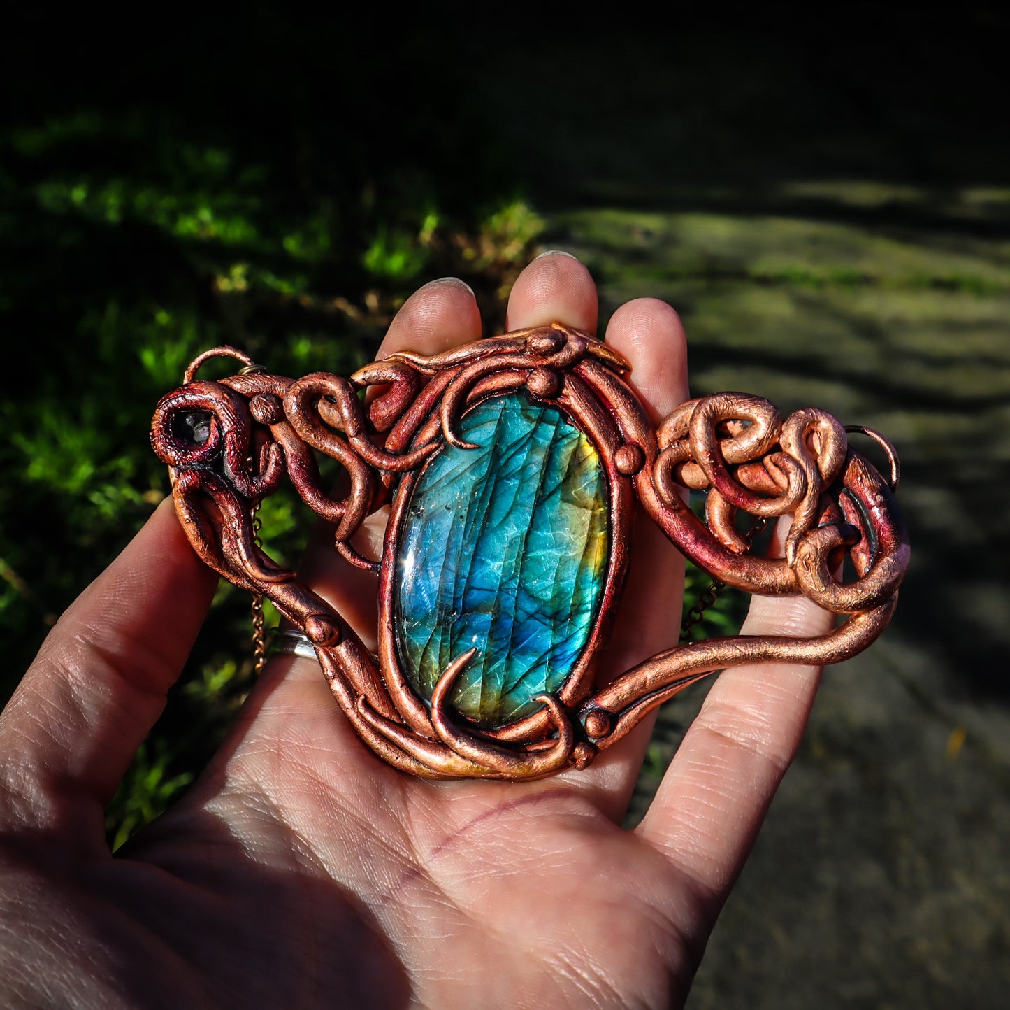 Copper Electroformed Labradorite pendant necklace, freeform Elven jewellery for forest witches or goblins