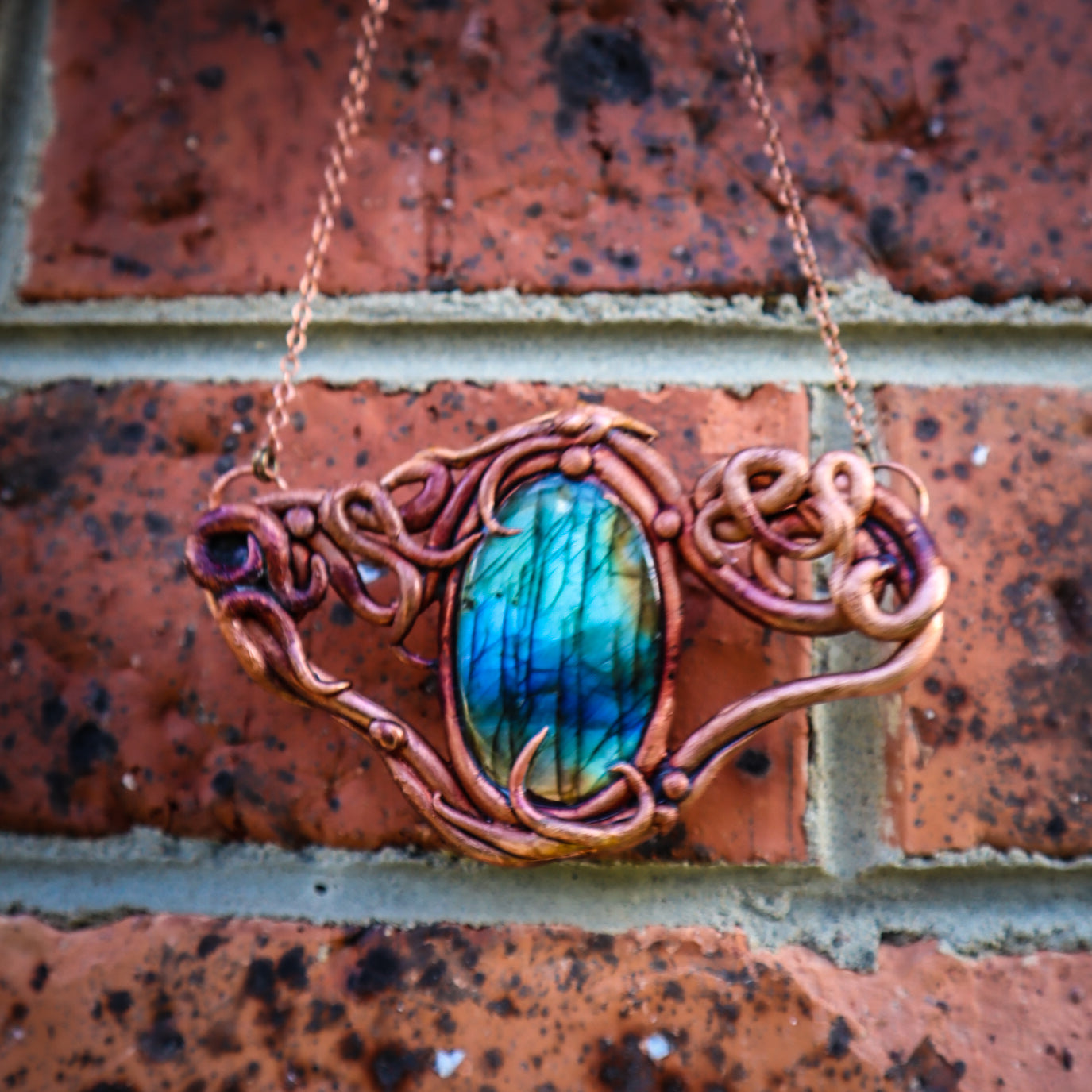 Copper Electroformed Labradorite pendant necklace, freeform Elven jewellery for forest witches or goblins