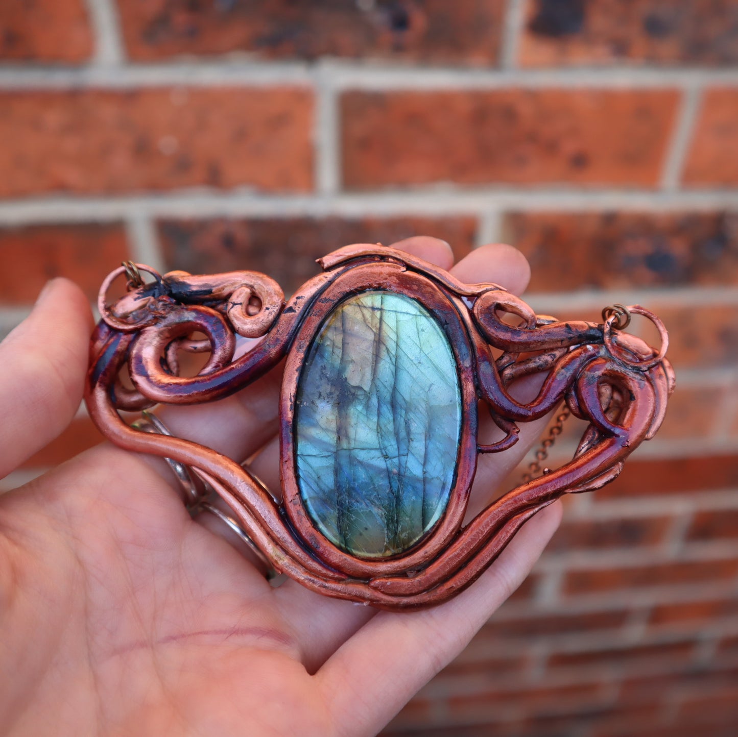 Copper Electroformed Labradorite pendant necklace, freeform Elven jewellery for forest witches or goblins