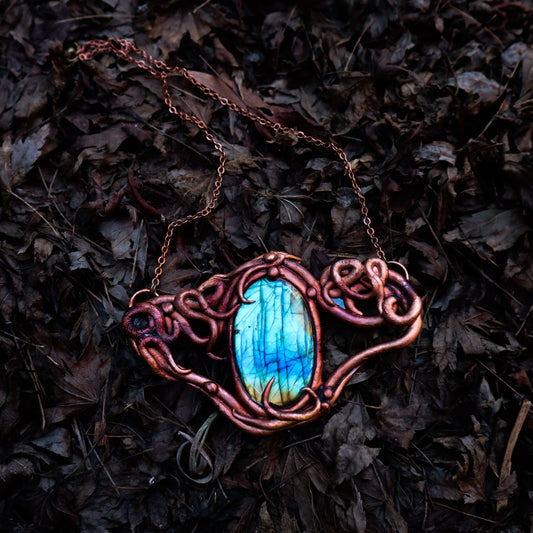 Copper Electroformed Labradorite pendant necklace, freeform Elven jewellery for forest witches or goblins