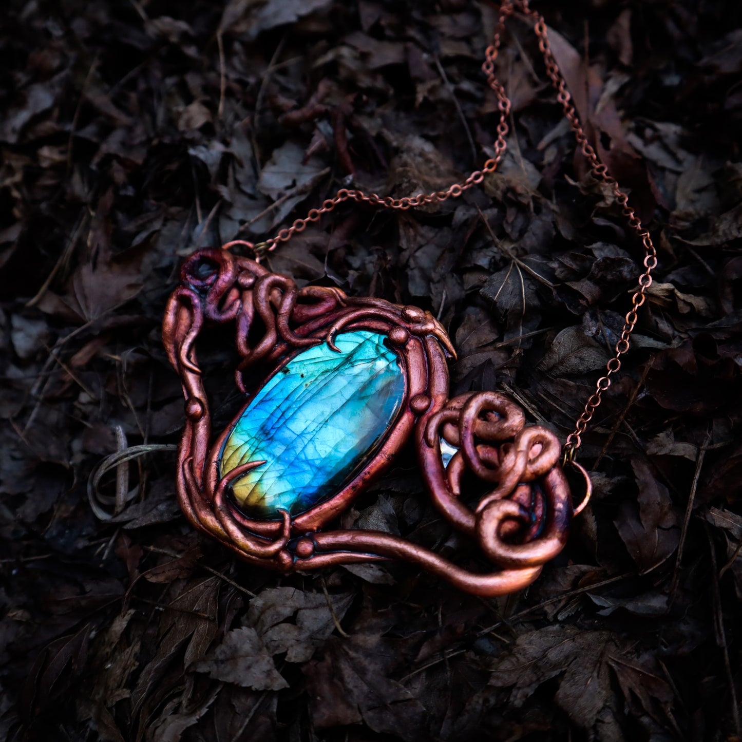 Copper Electroformed Labradorite pendant necklace, freeform Elven jewellery for forest witches or goblins