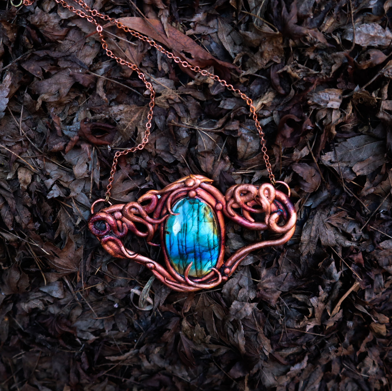 Copper Electroformed Labradorite pendant necklace, freeform Elven jewellery for forest witches or goblins