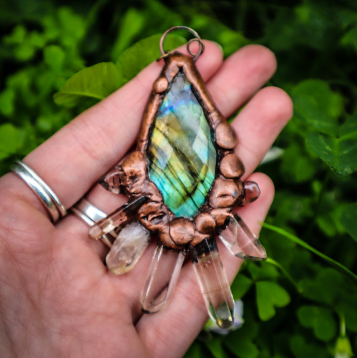 Labradorite and raw crystal quartz points copper electroformed statement pendant necklace