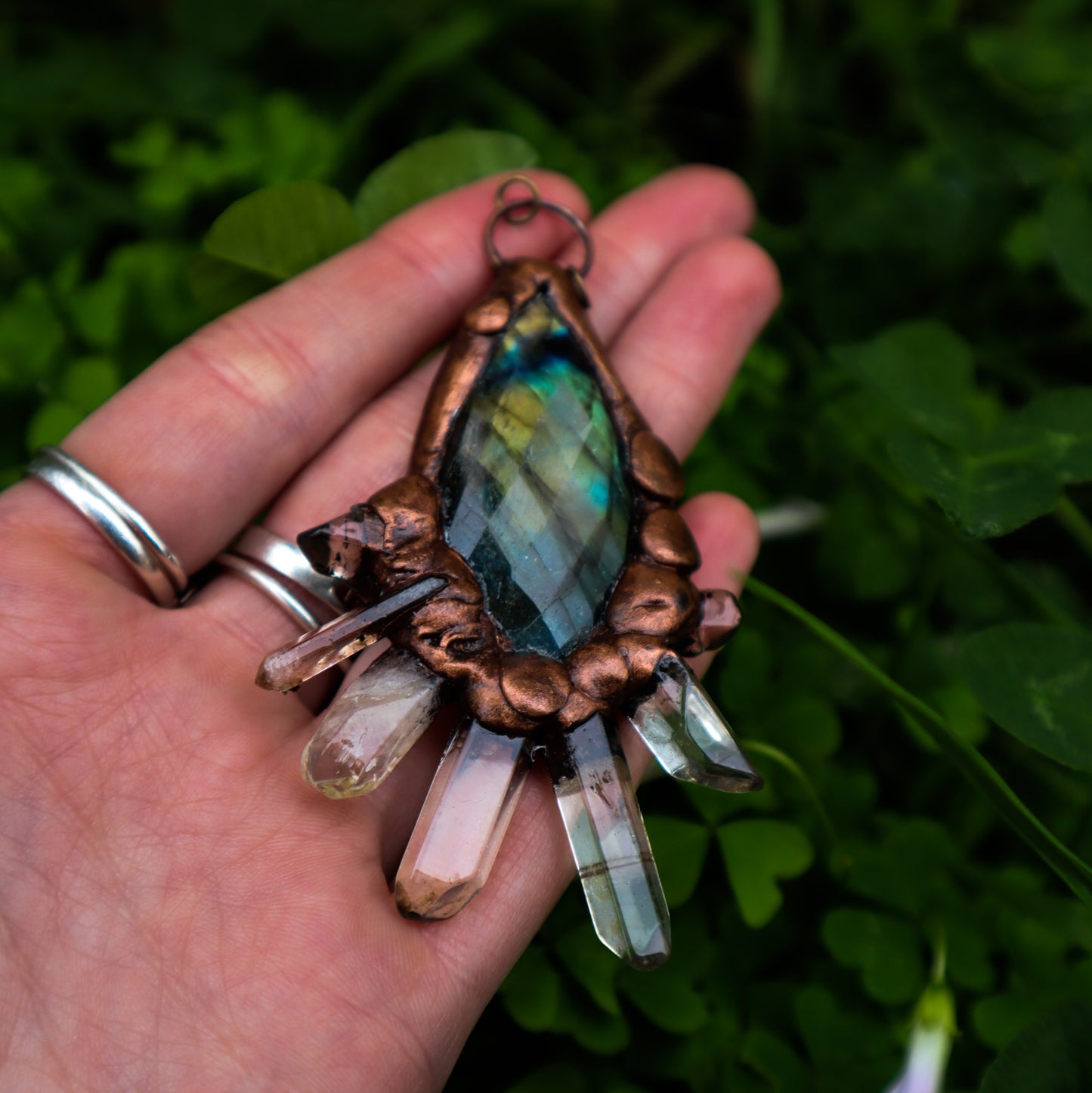 Labradorite and raw crystal quartz points copper electroformed statement pendant necklace