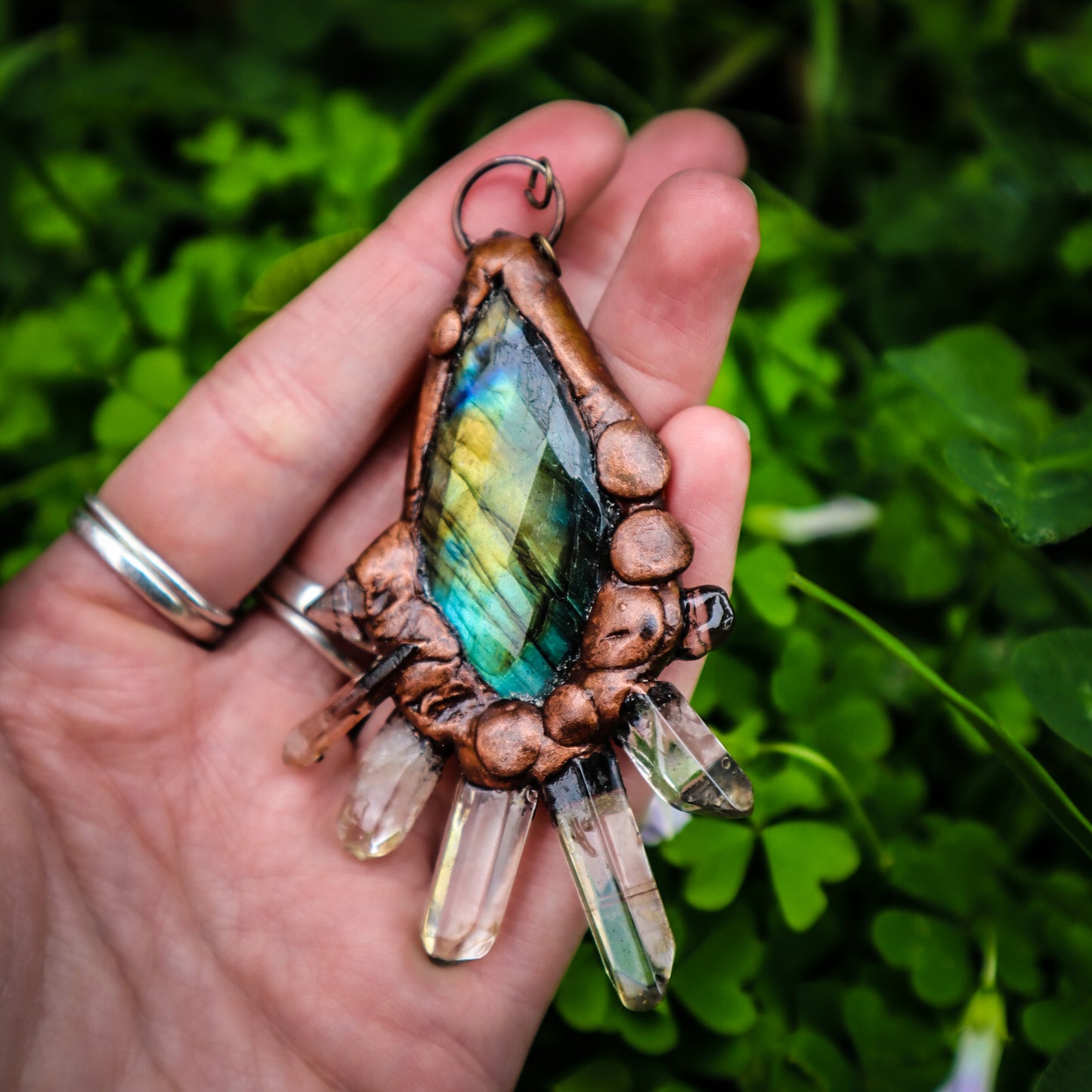 Labradorite and raw crystal quartz points copper electroformed statement pendant necklace