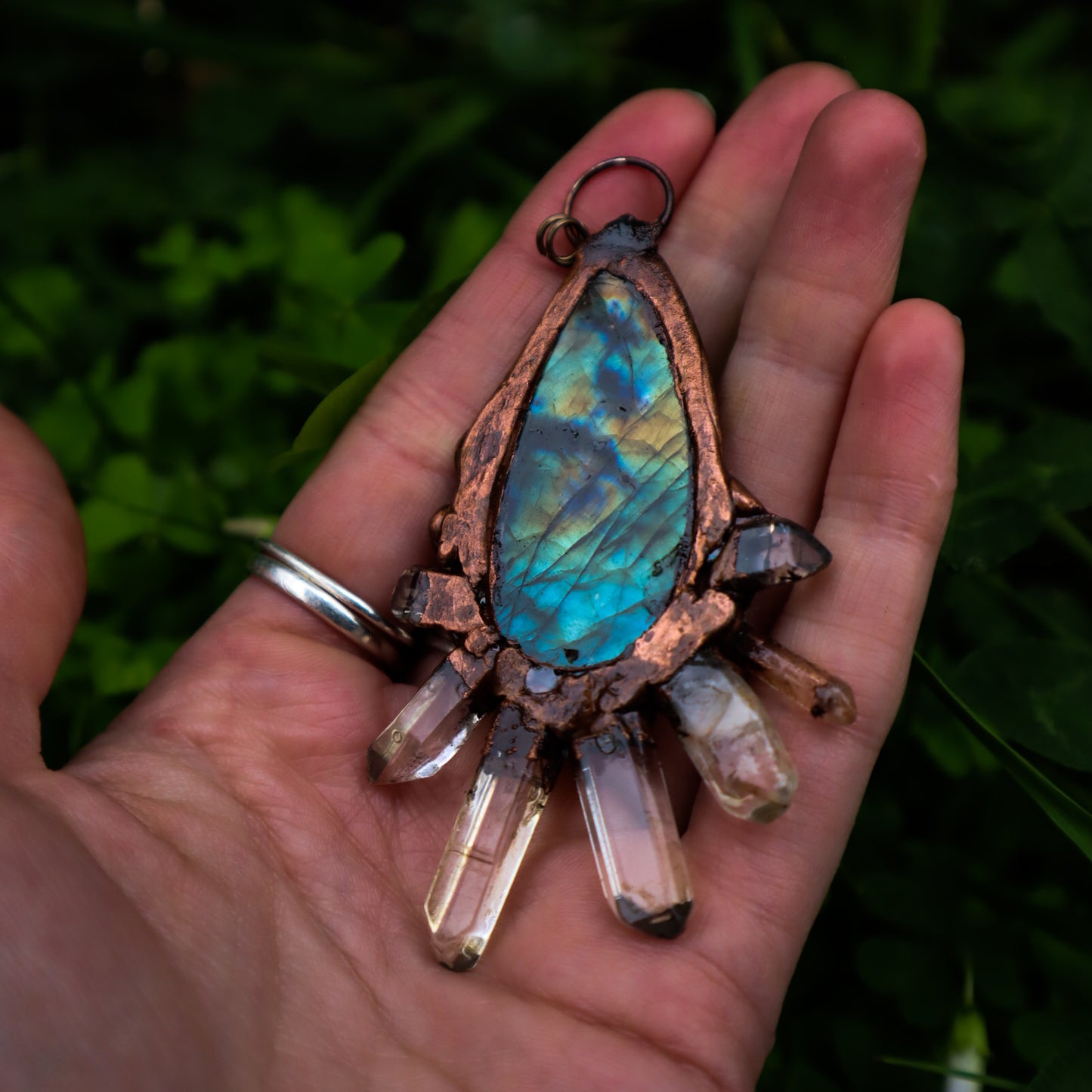 Labradorite and raw crystal quartz points copper electroformed statement pendant necklace