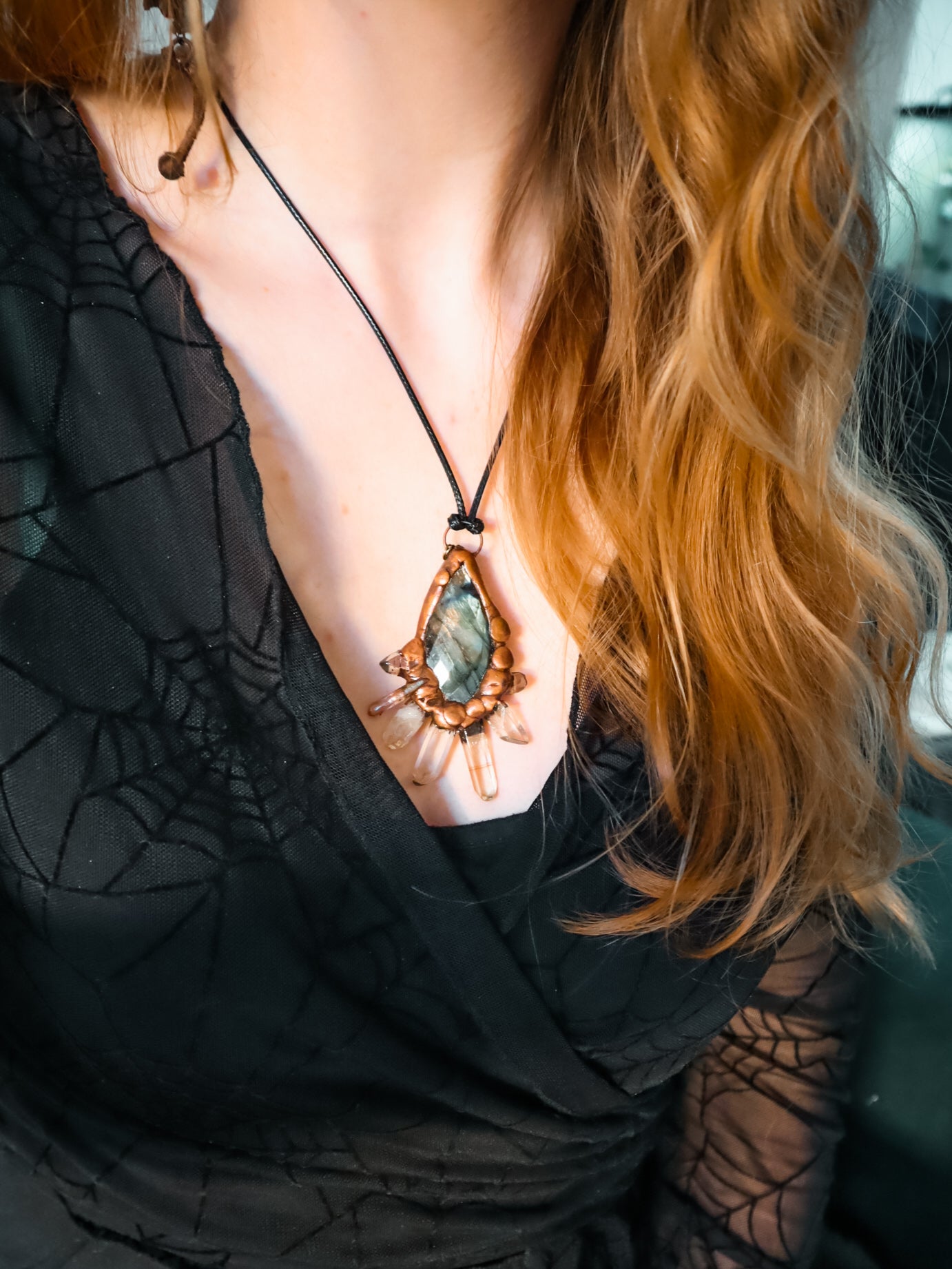 Labradorite and raw crystal quartz points copper electroformed statement pendant necklace