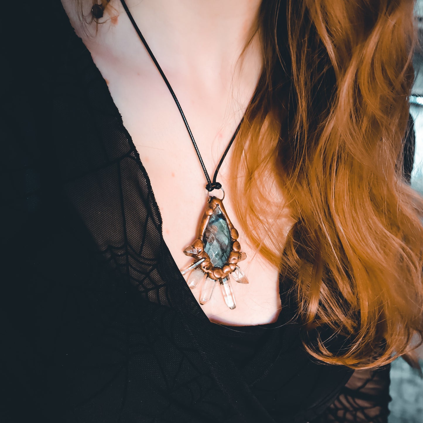 Labradorite and raw crystal quartz points copper electroformed statement pendant necklace