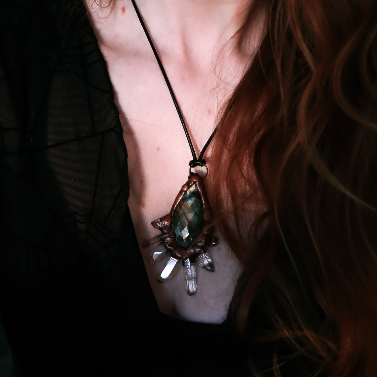 Labradorite and raw crystal quartz points copper electroformed statement pendant necklace