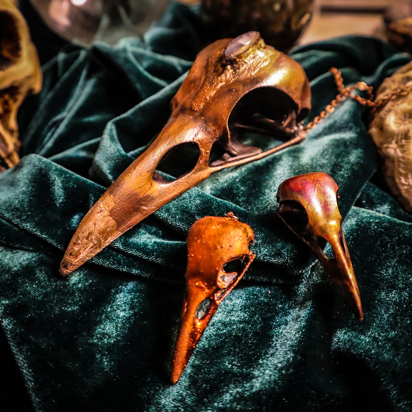 Giant copper electroformed bird skull pendant, three eyed raven, skull pendant necklace, moonstone, bird skull pendant, electroformed jewellery, copper skull, gothic necklace, goblincore aesthetic