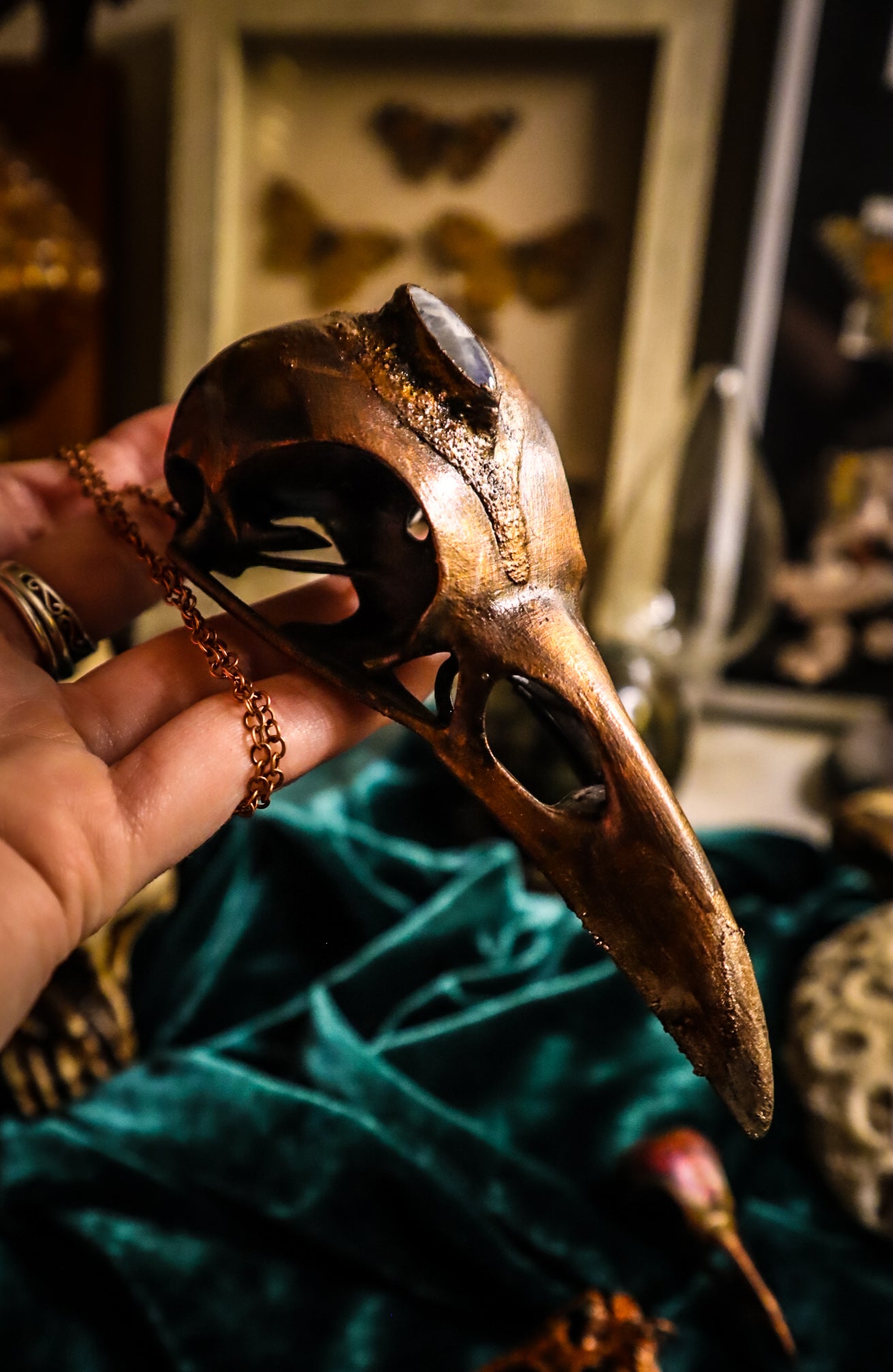 Giant copper electroformed bird skull pendant, three eyed raven, skull pendant necklace, moonstone, bird skull pendant, electroformed jewellery, copper skull, gothic necklace, goblincore aesthetic