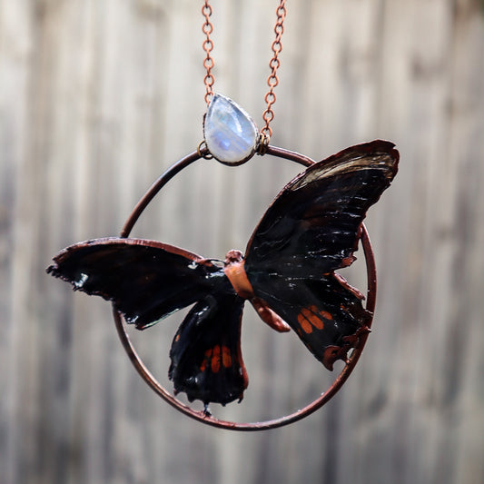 Copper electroformed butterfly pendant necklace with rainbow moonstone