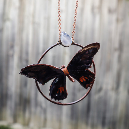 Copper electroformed butterfly pendant necklace with rainbow moonstone