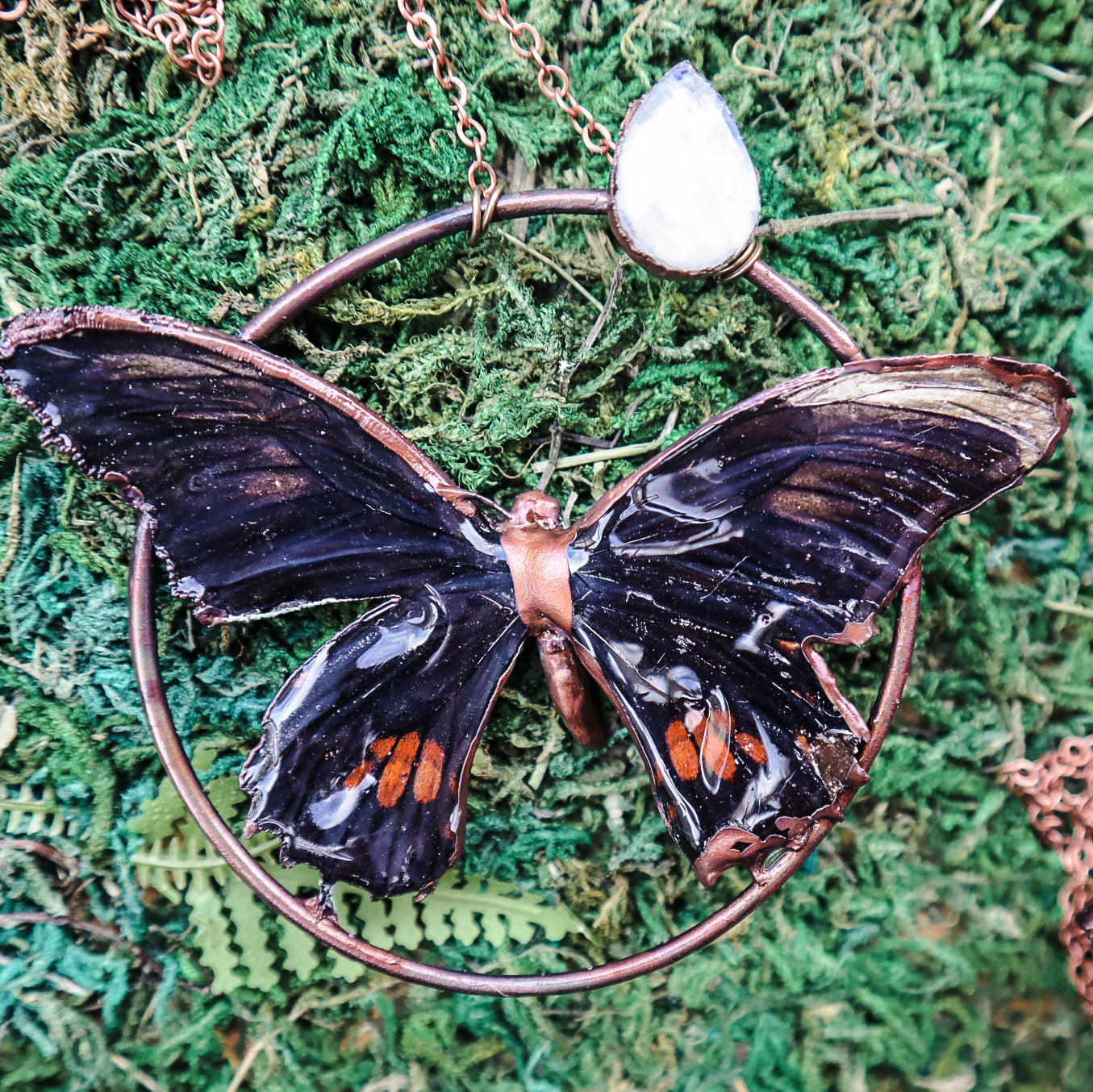 Copper electroformed butterfly pendant necklace with rainbow moonstone