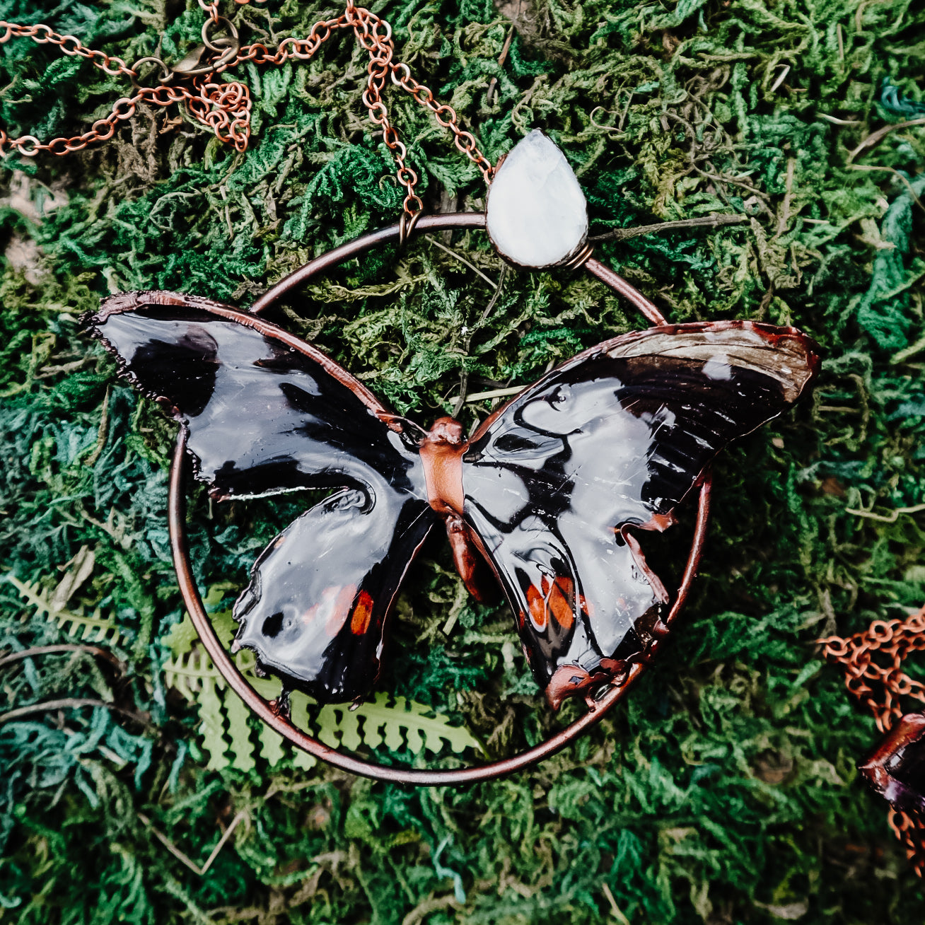 Copper electroformed butterfly pendant necklace with rainbow moonstone