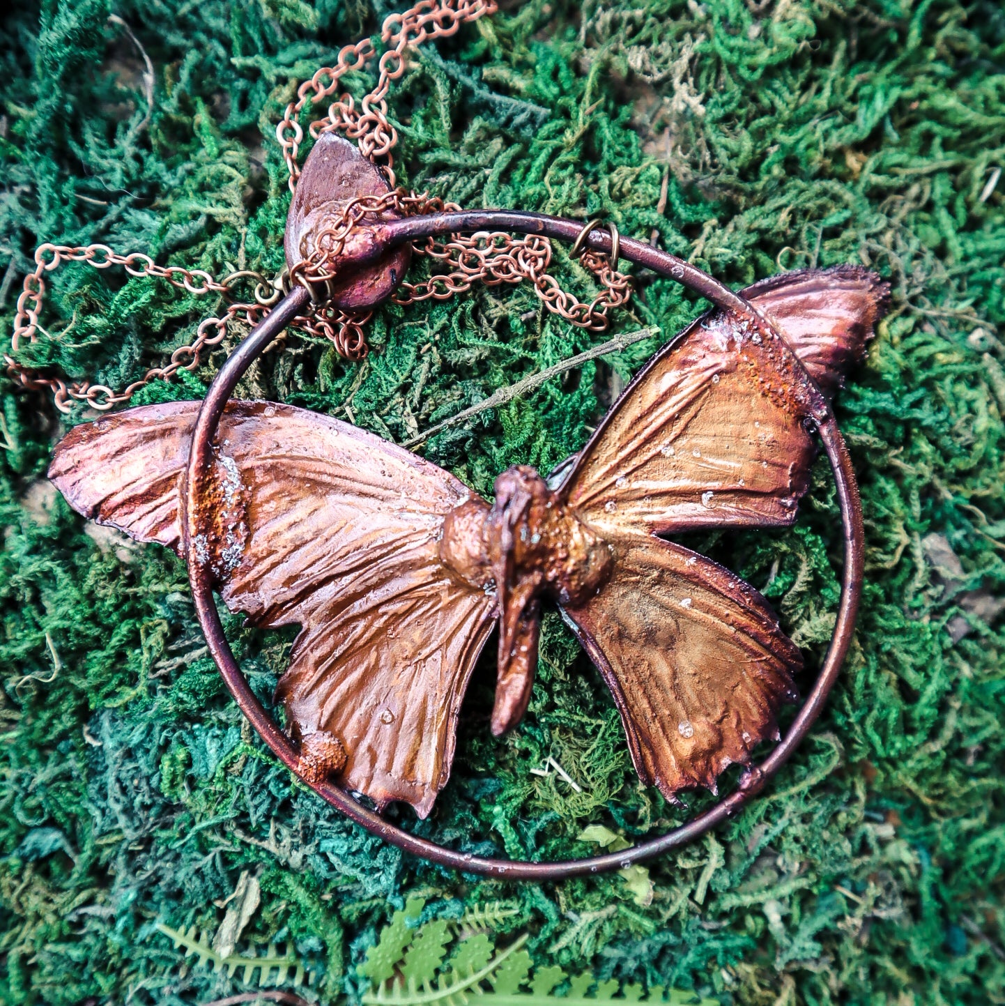 Copper electroformed butterfly pendant necklace with rainbow moonstone