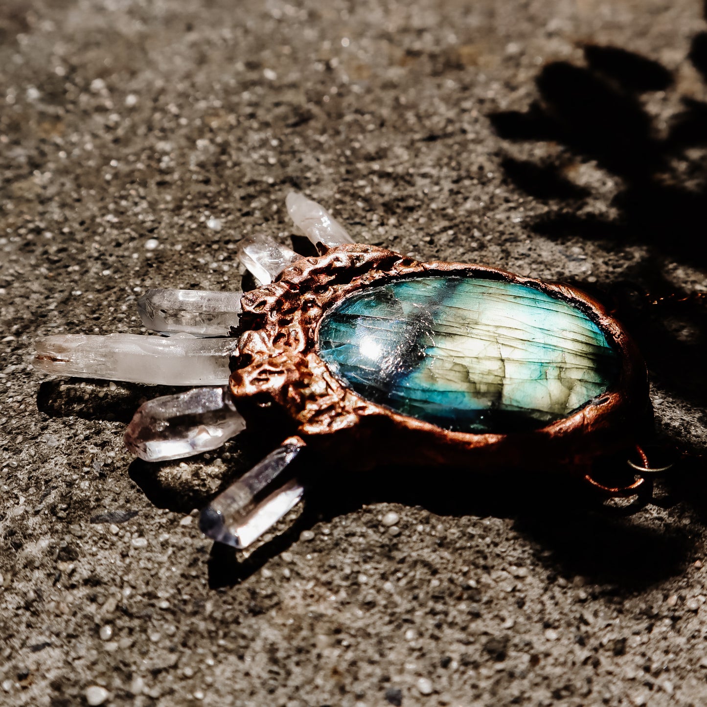 Cleat Quartz and labrodorite copper electroformed pendant