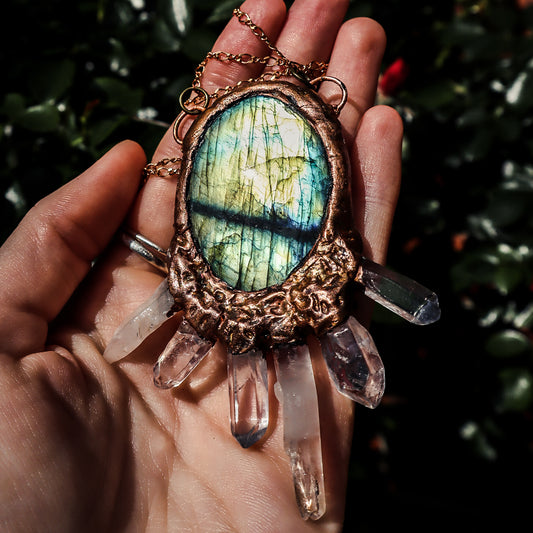 Cleat Quartz and labrodorite copper electroformed pendant