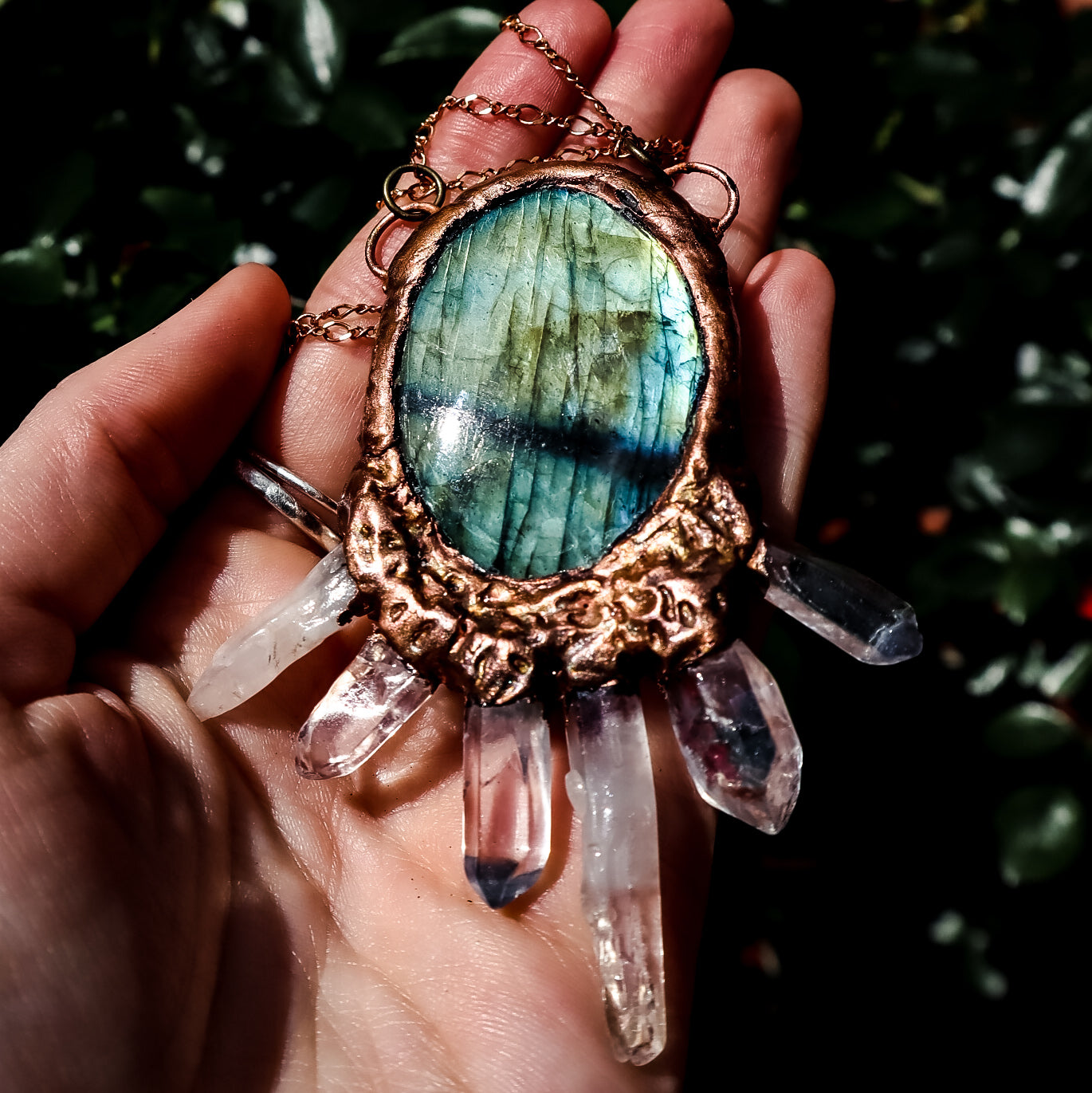 Cleat Quartz and labrodorite copper electroformed pendant