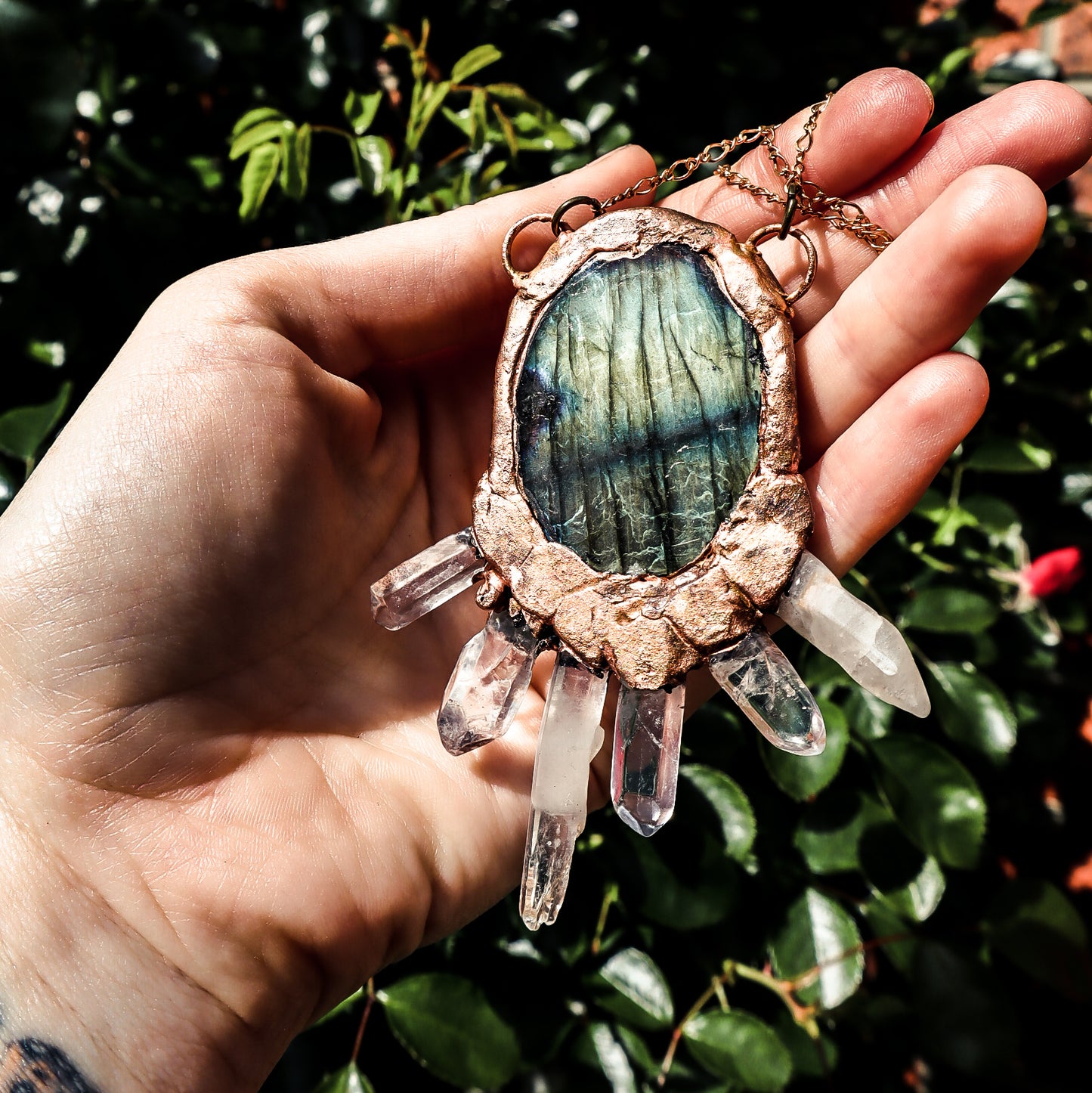 Cleat Quartz and labrodorite copper electroformed pendant