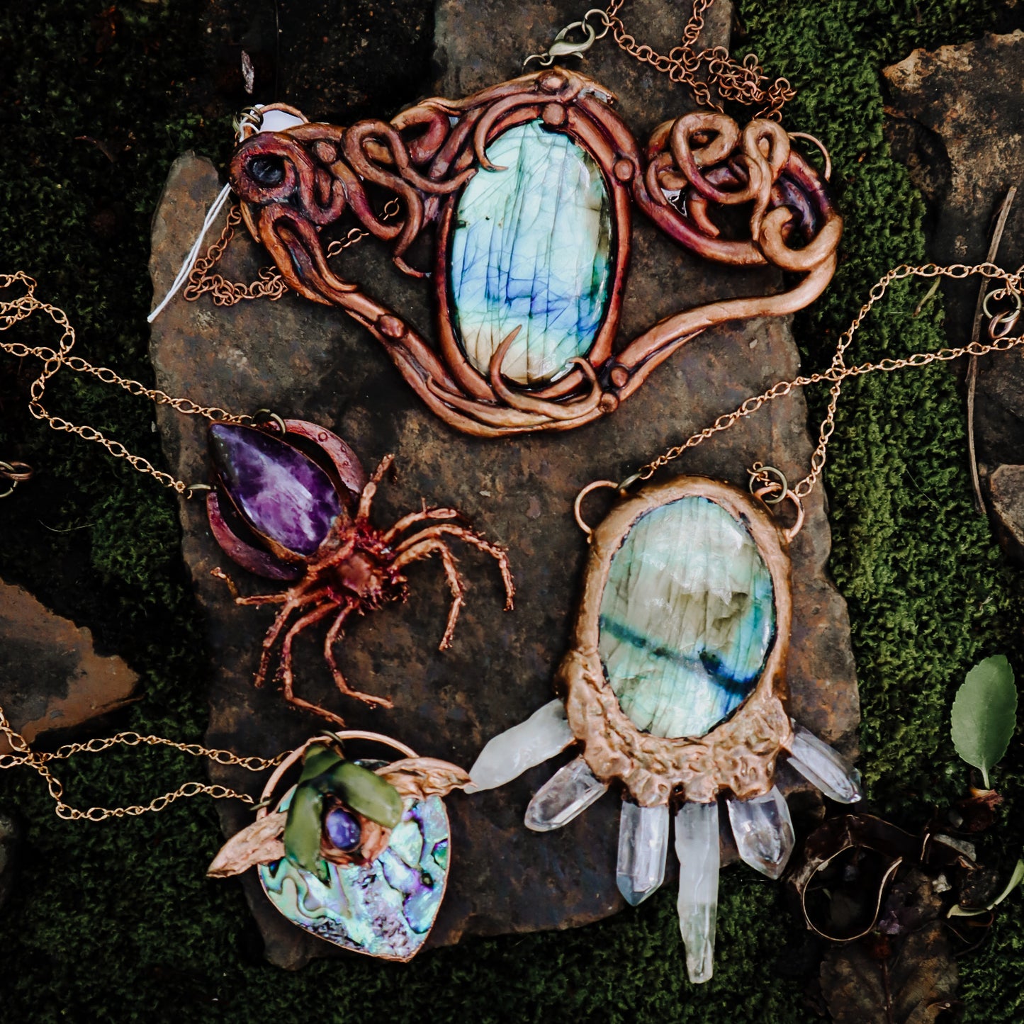 Cleat Quartz and labrodorite copper electroformed pendant